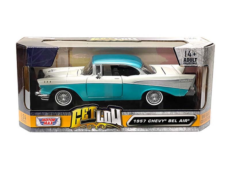 1957 Chevrolet Bel Air Lowrider Two Tone Turquoise (Get Low) Diecast 1:24 Scale Model - Motormax 79029TQ