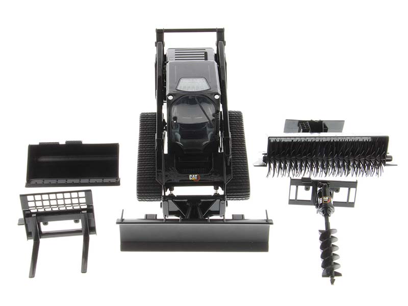 CAT Caterpiller 297D2 Multi Terrain Loader + Bucket, Pallet Forks, Broom, Snow Blade Accessories - Black 1:16 Scale Model - Diecast Masters 85628BK