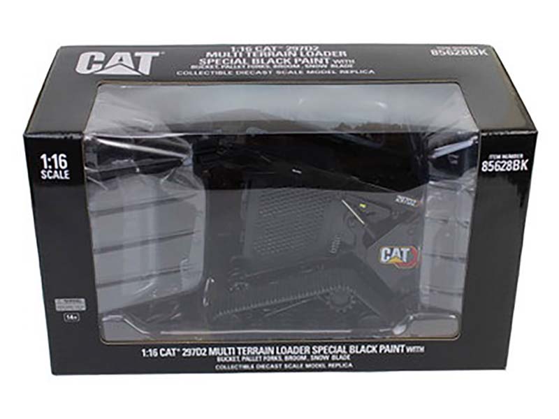 CAT Caterpiller 297D2 Multi Terrain Loader + Bucket, Pallet Forks, Broom, Snow Blade Accessories - Black 1:16 Scale Model - Diecast Masters 85628BK