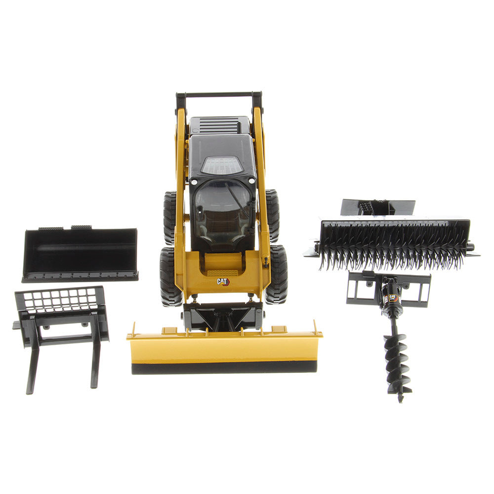 CAT Caterpiller 272D3 Skid Steer Loader + Bucket, Pallet Forks, Broom, Snow Blade Accessories - 1:16 Scale Model - Diecast Masters 85629