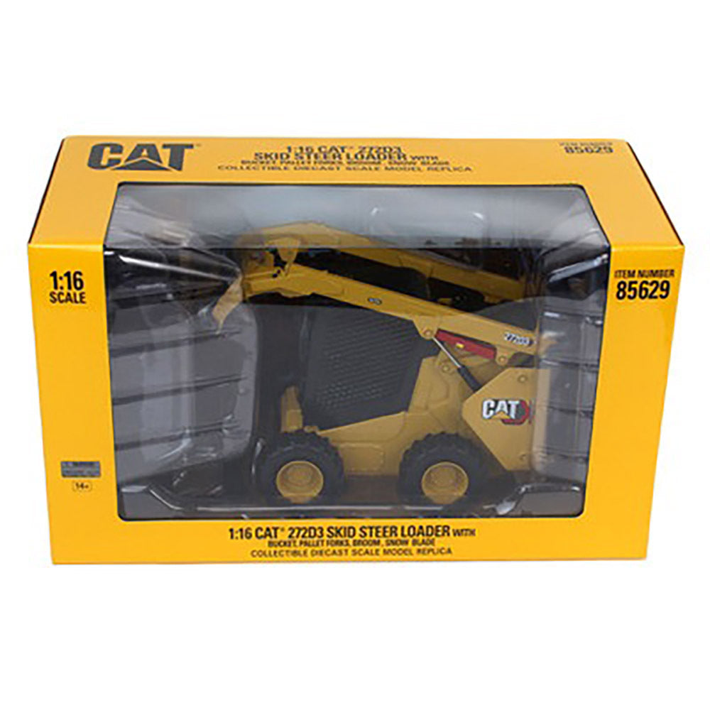 CAT Caterpiller 272D3 Skid Steer Loader + Bucket, Pallet Forks, Broom, Snow Blade Accessories - 1:16 Scale Model - Diecast Masters 85629