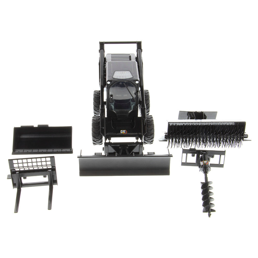 CAT Caterpiller 272D3 Skid Steer Loader + Bucket, Pallet Forks, Broom, Snow Blade Accessories - Black 1:16 Scale Model - Diecast Masters 85629BK