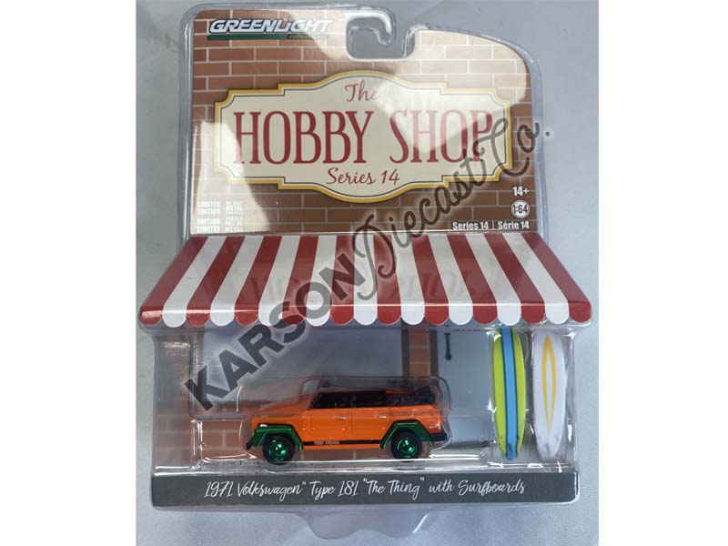 CHASE 1971 Volkswagen Thing (Type 181) "The Thing" w/ Surfboards (The Hobby Shop) Series 14 Diecast 1:64 Scale Model Car - Greenlight 97140C