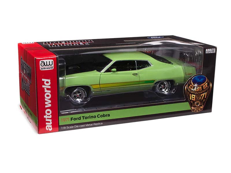 1971 Ford Torino Cobra – Grabber Lime w/ Laser Stripe (American Muscle Class of 1971) Diecast 1:18 Scale Model - Auto World AMM1278