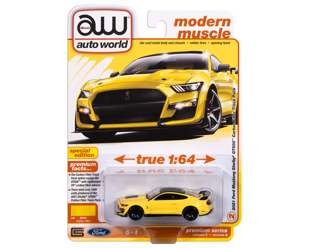 2021 Ford Mustang Shelby GT500 Track Pack – Yellow Carbon Diecast 1:64 Scale Model - Auto World AWSP171A