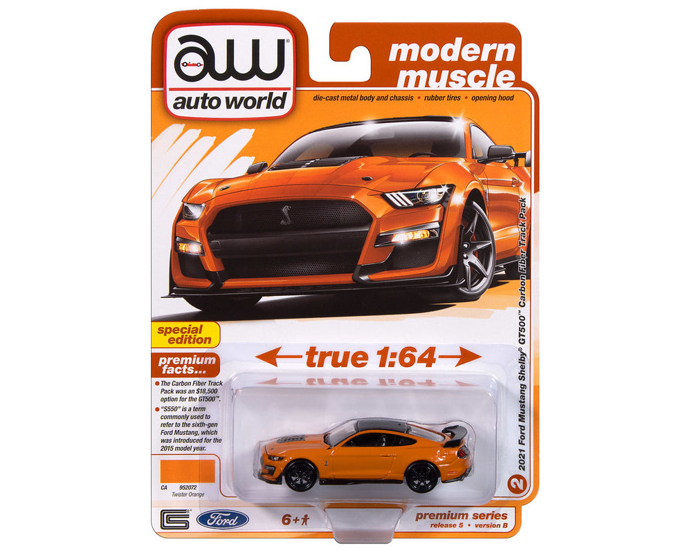 2021 Ford Mustang Shelby GT500 Track Pack – Orange Carbon Diecast 1:64 Scale Model - Auto World AWSP171B