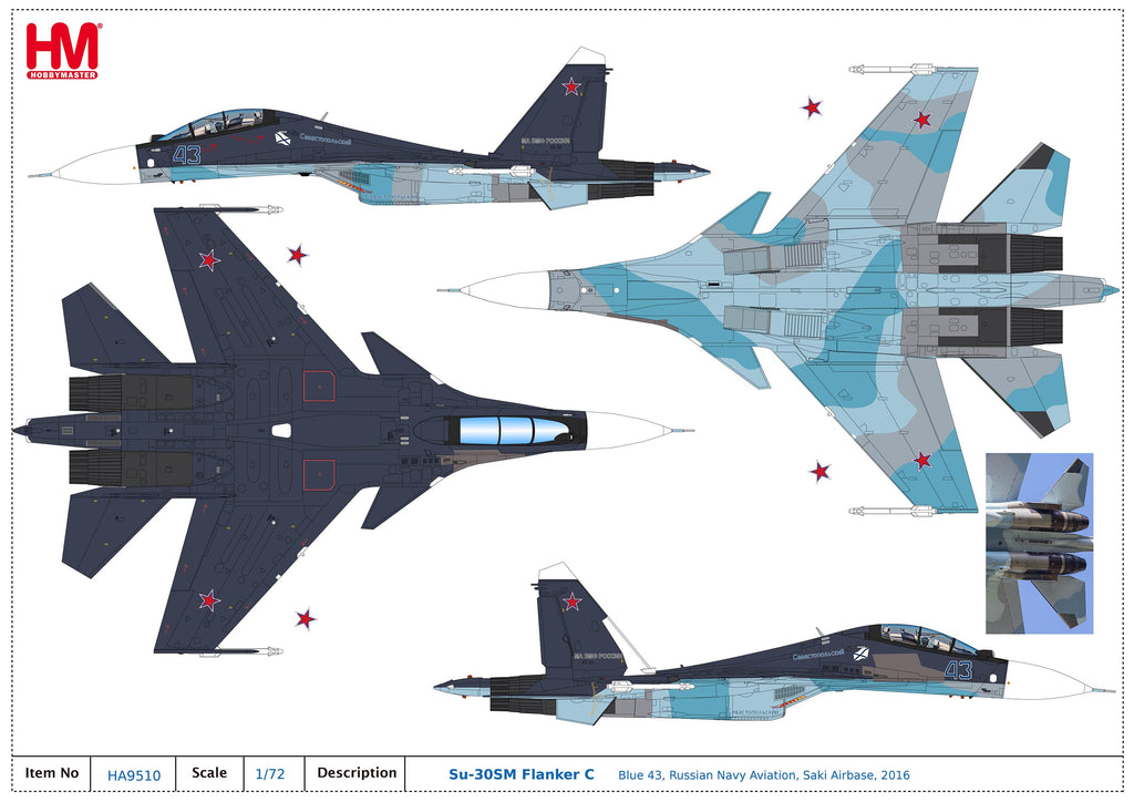 PRE-ORDER Sukhoi Su-30SM Flanker C Blue 43 Russian Navy Aviation Saki Airbase Diecast 1:72 Scale Model - Hobby Master HA9510