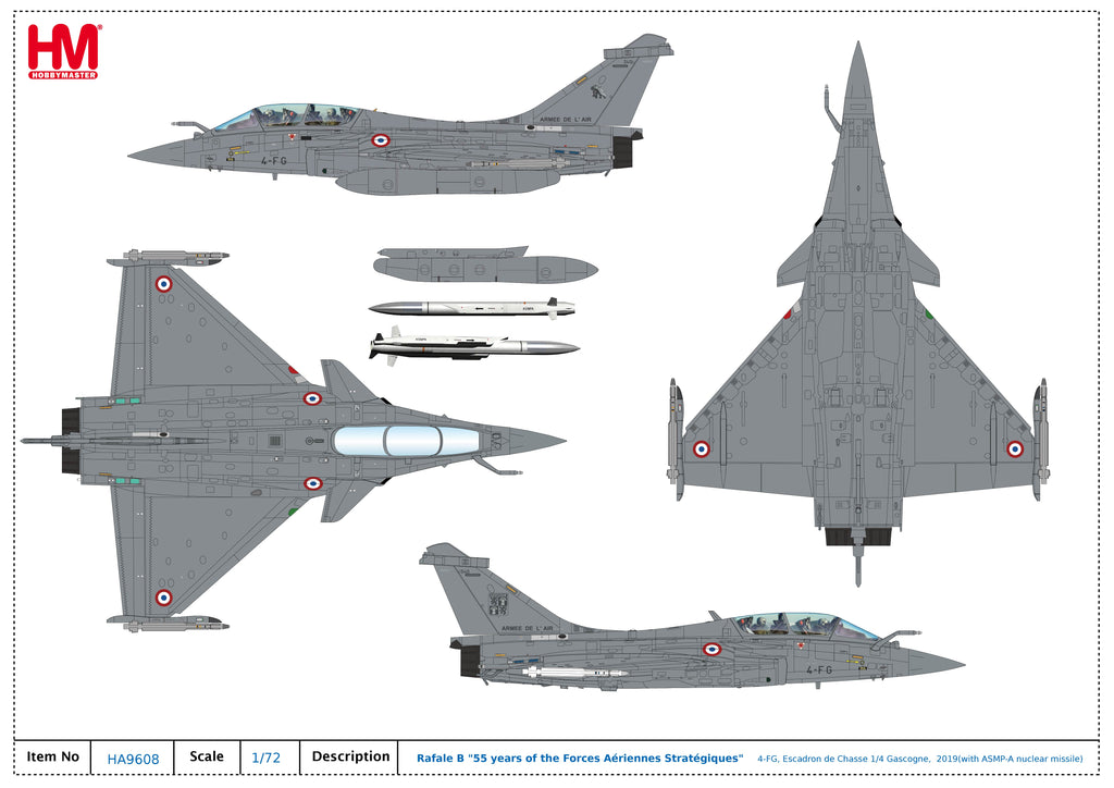 PRE-ORDER Dassault Aviation Rafale B 4-FG Escadron de Chasse 1:4 Gascogne (w/ ASMP-A nuclear missile) Diecast 1:72 Scale Model - Hobby Master HA9608