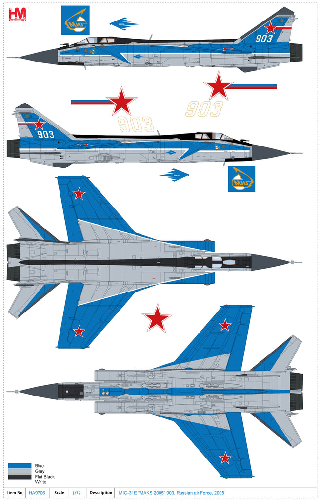 PRE-ORDER Mikoyan MIG-31E - MAKS 2005 903 Russian air Force Diecast 1:72 Scale Model - Hobby Master HA9706