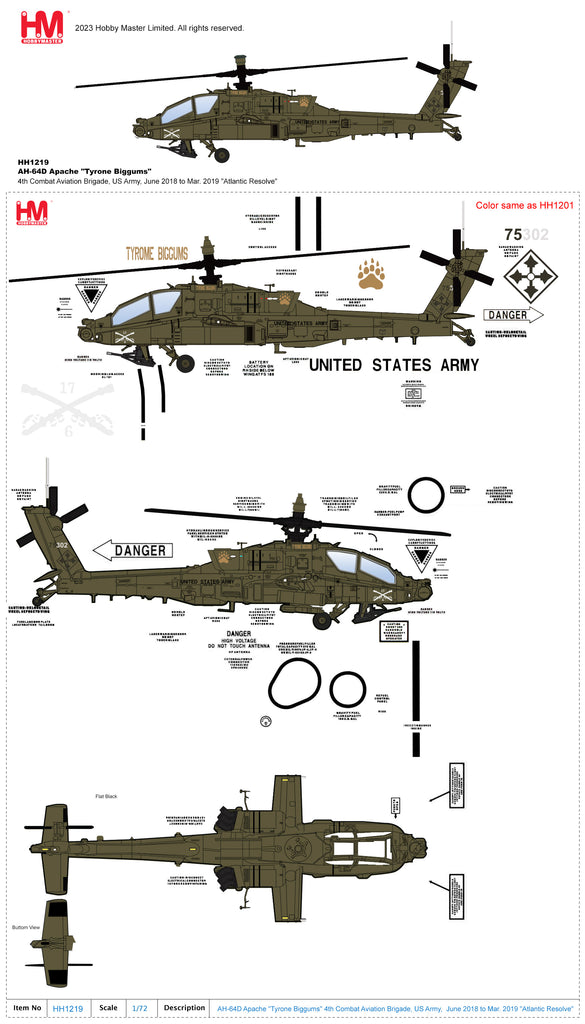 PRE-ORDER Boeing AH-64D Apache - Tyrone Biggums 4th Combat Aviation Brigade US Army Diecast 1:72 Scale Model - Hobby Master HH1219