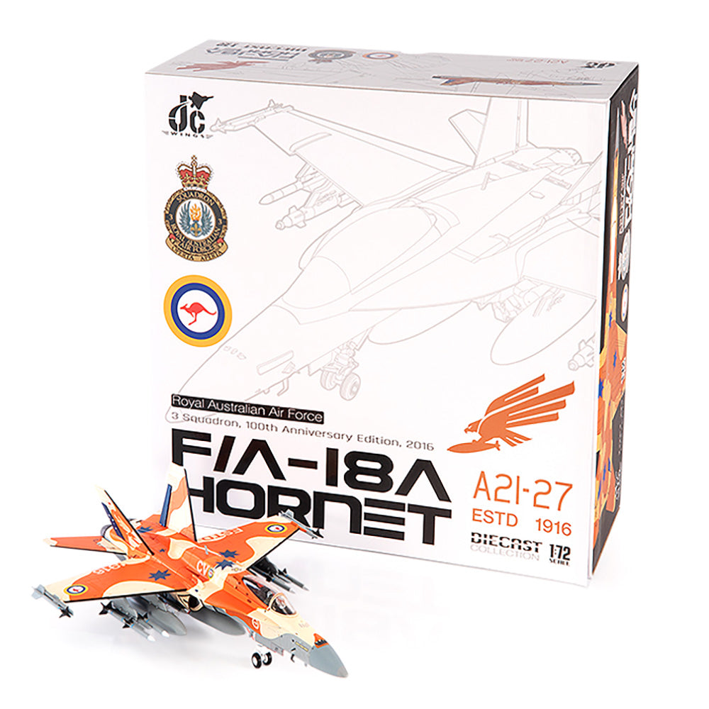 PRE-ORDER McDonnell Douglas F/A-18A Hornet Royal Australian Air Force 3 Squadron 100th Anniversary Diecast 1:72 Scale Model - JC Wings JCW-72-F18-016