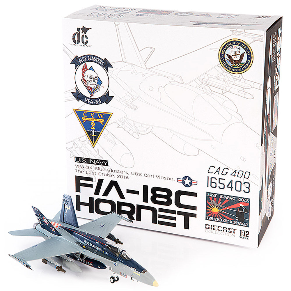 PRE-ORDER McDonnell Douglas F/A-18C Hornet U.S. NAVY VFA-34 Blue Blasters The Last Cruise Diecast 1:72 Scale Model - JC Wings JCW-72-F18-018