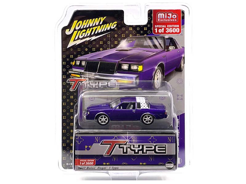 1987 Buick Regal T-Type Custom – Metallic Purple w/ White Top Diecast 1:64 Scale Model - Johnny Lightning JLCP7475