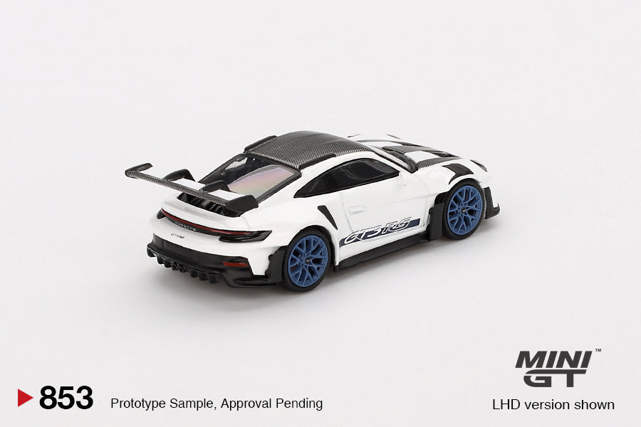 PRE-ORDER Porsche 911 (992) GT3 RS Weissach Package – White w/ Indigo Blue (Mini GT) Diecast 1:64 Scale Model - TSM MGT00853