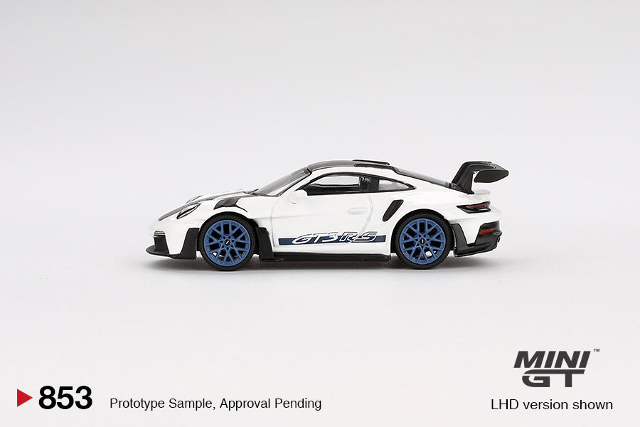 PRE-ORDER Porsche 911 (992) GT3 RS Weissach Package – White w/ Indigo Blue (Mini GT) Diecast 1:64 Scale Model - TSM MGT00853