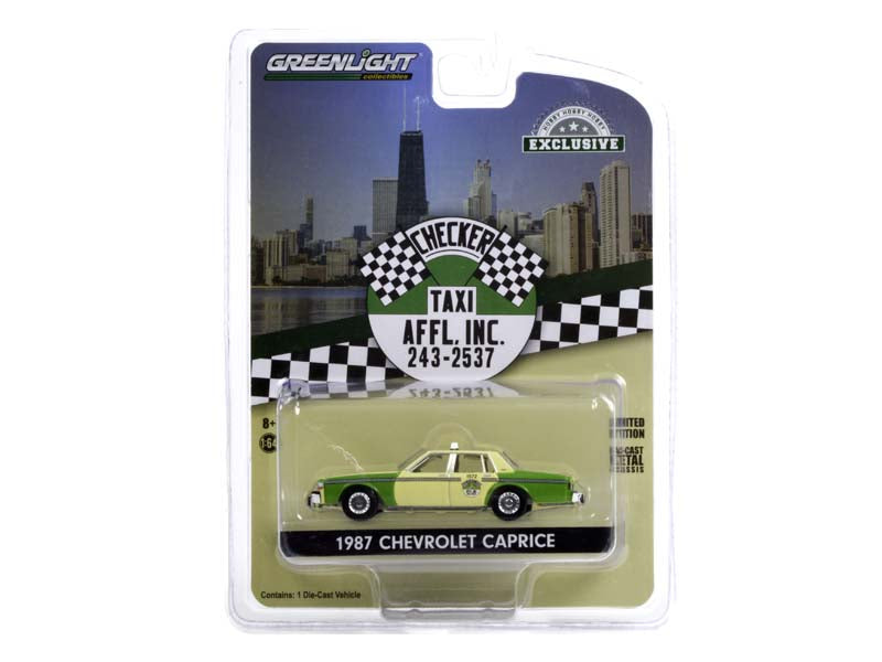 CHASE 1987 Chevrolet Caprice Yellow and Green - Chicago Checker Taxi Affl Inc. (Hobby Exclusive) Diecast 1:64 Model Car - Greenlight 30233