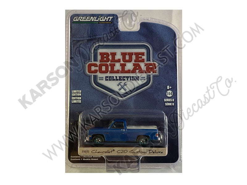 CHASE 1981 Chevrolet C20 Custom Deluxe Pickup Truck w/ Bed Cover Light Blue Metallic "Blue Collar Collection" Series 8 Diecast 1:64 Model Car - Greenlight - 35180D